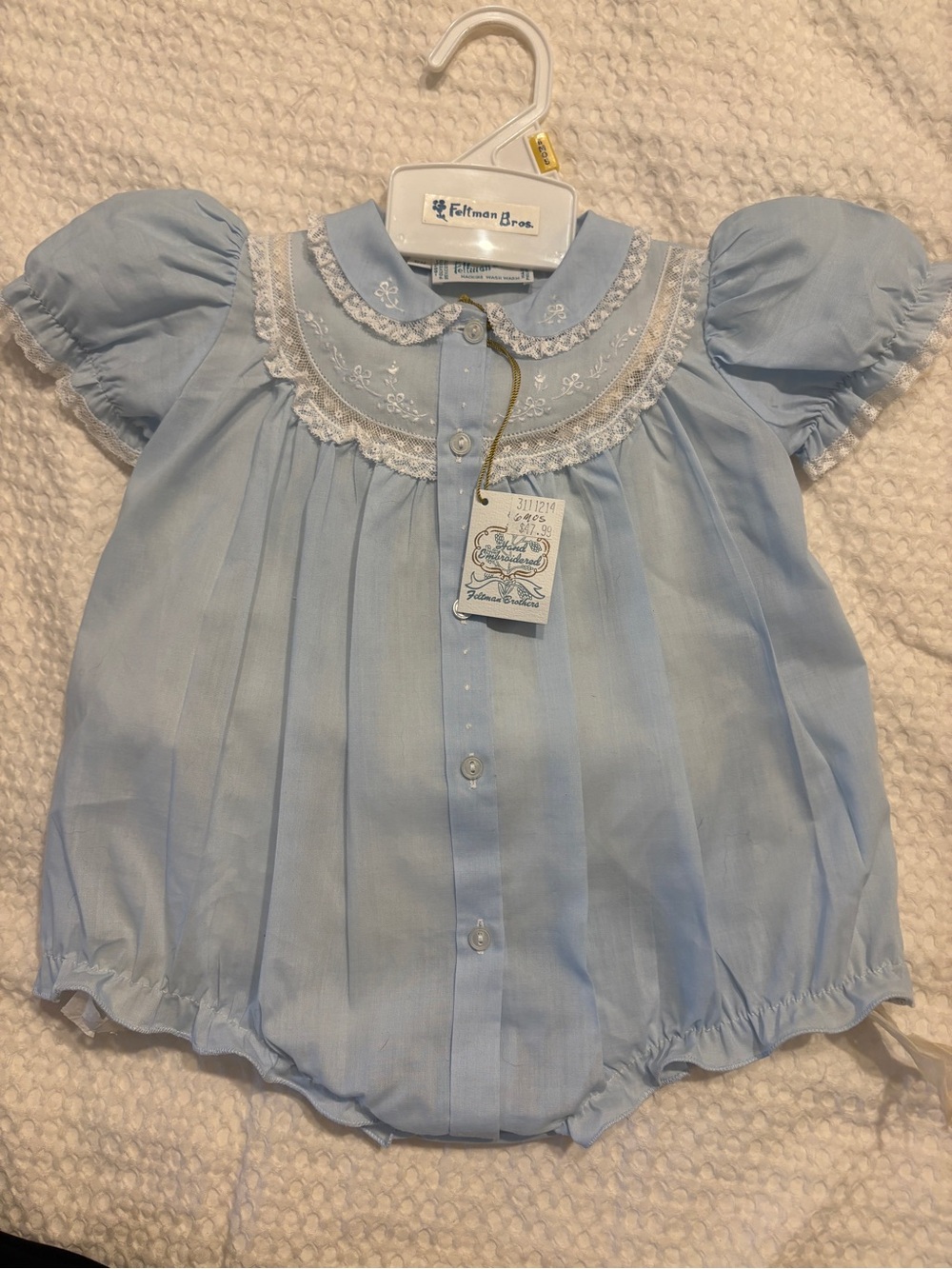 Feltman Brothers Pale Blue Lace-Trim Baby Bubble Romper